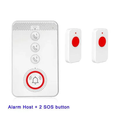 White voice emergency alert device with one buzzer unit and three separate emergency call buttons.