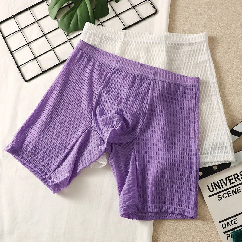 Men's solid colour lace boxer shorts with a hip-lifting design in light purple