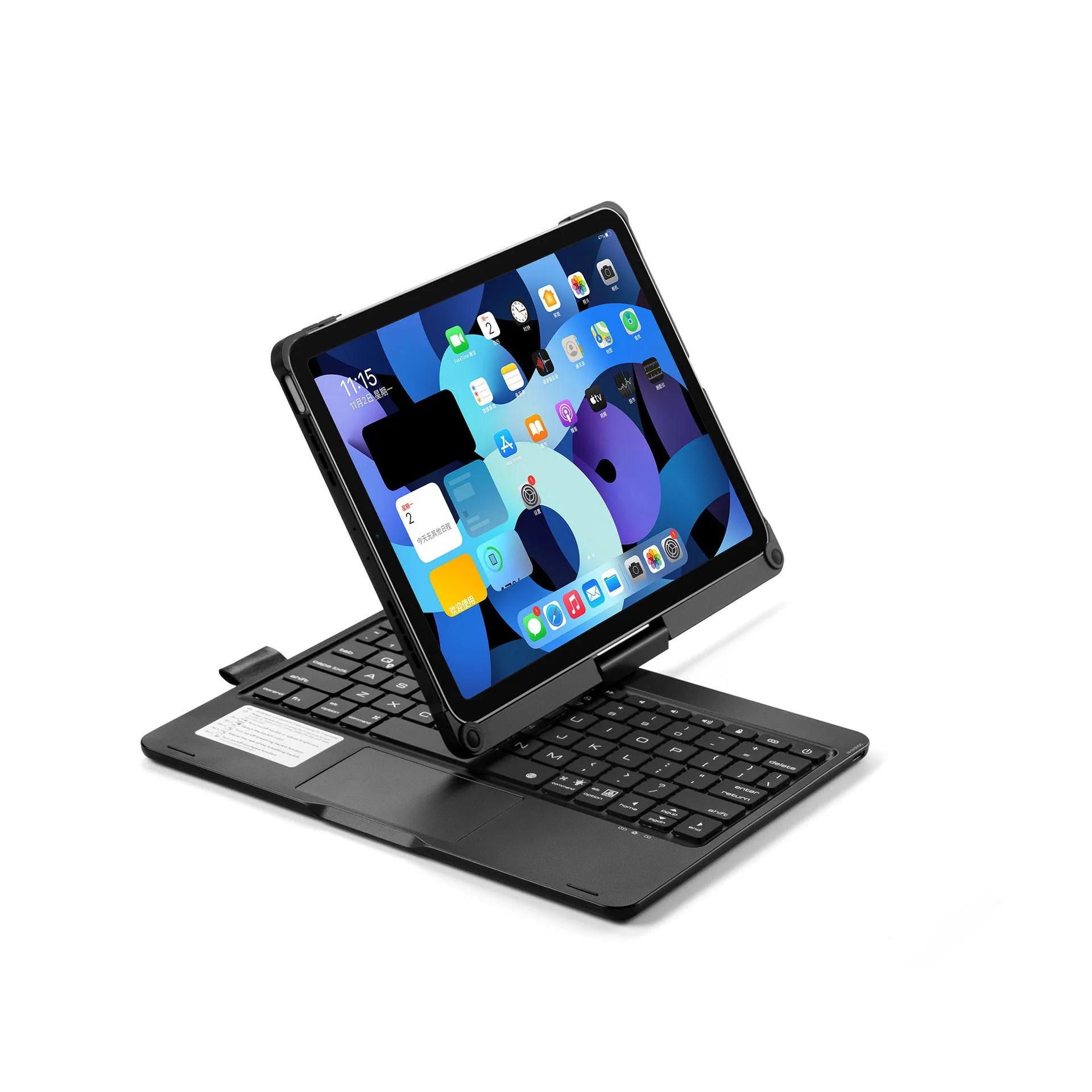 Black rotating backlit Bluetooth keyboard attached to a silver iPad, showing the 360-degree hinge.