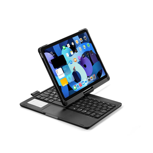 Black rotating backlit Bluetooth keyboard attached to a silver iPad, showing the 360-degree hinge.