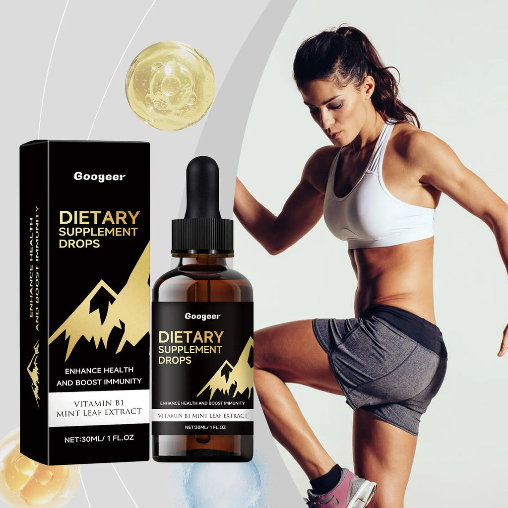 Bottle of dietary supplement drops with dropper for measured liquid nutrition servings
