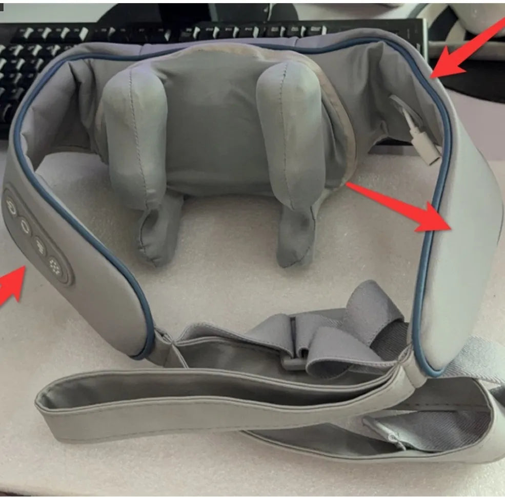Grey elastic fabric covered neck and back massager with USB charging cable