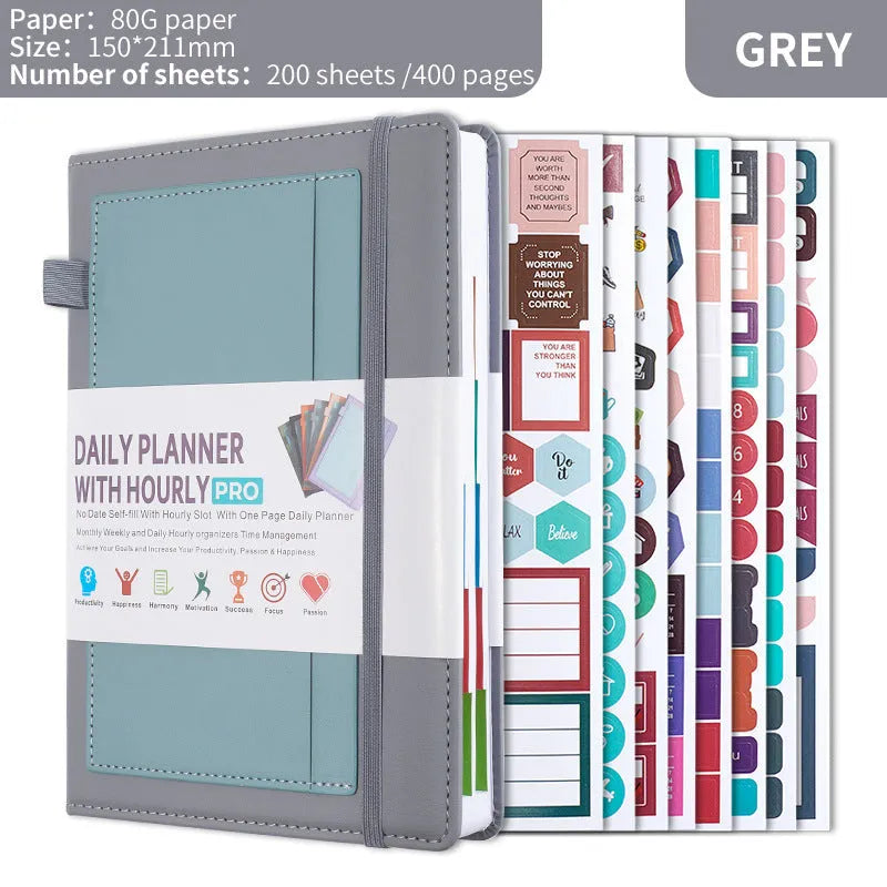 Self-filled no-date notebook with thread binding, showing PU cover in purple with planning stickers
