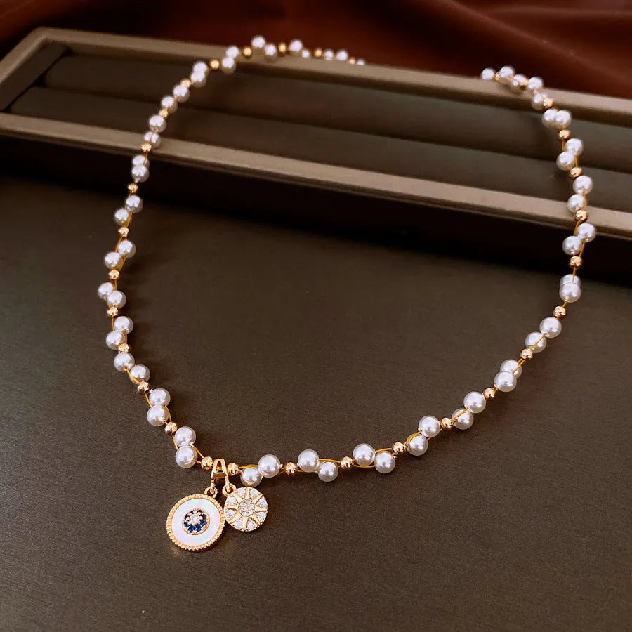 Real gold electroplated zircon pearl round pendant necklace with adjustable 41-50cm clavicle chain