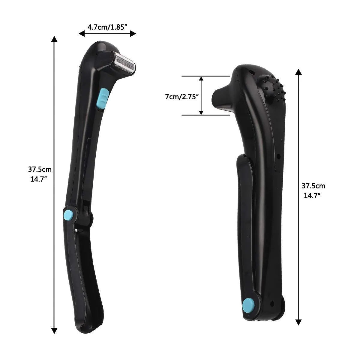 Black folding electric body hair shaver with battery compartment.