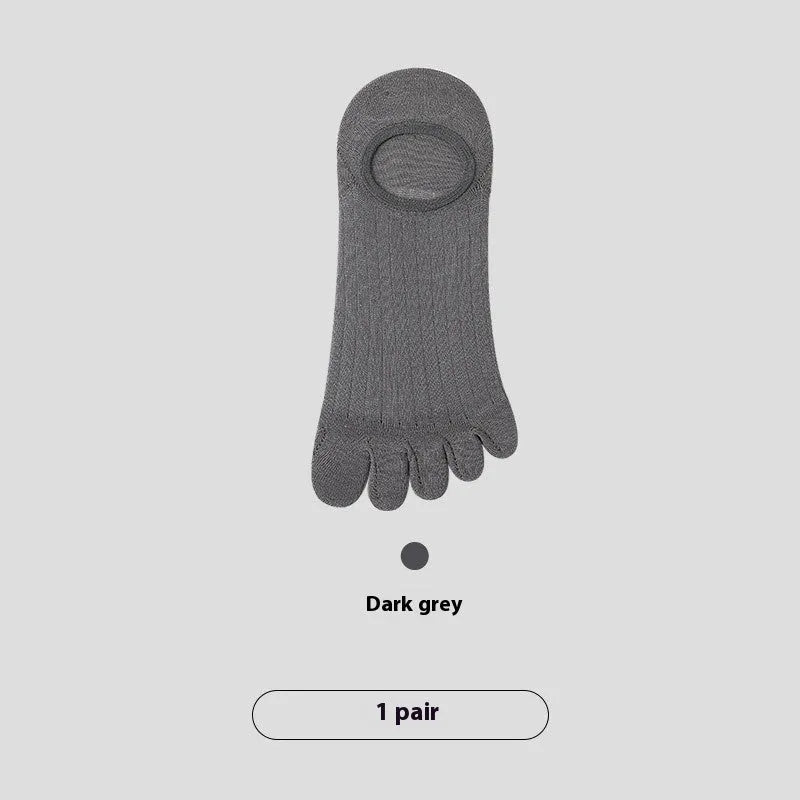 Men's five-finger invisible socks in modal fabric, shown in black, white, grey, and khaki colours