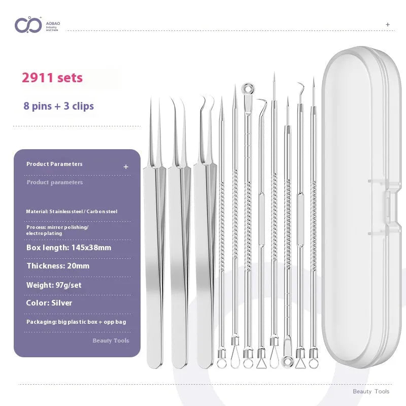 Four-piece metal acne needle set with ultra-fine pointed tips for blackhead removal