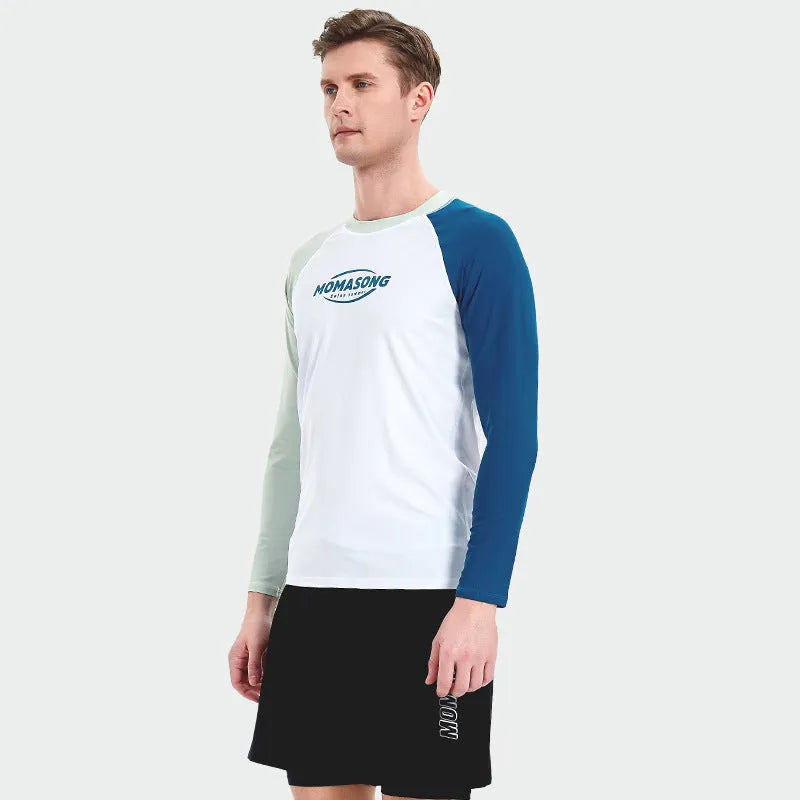 Men's white long-sleeved swimsuit top with matching swim trunks set for sun protection