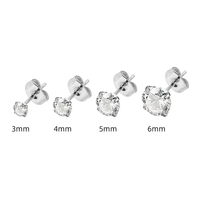 Geometric square stainless steel stud earrings with a round zircon stone, available in gold or steel colour.
