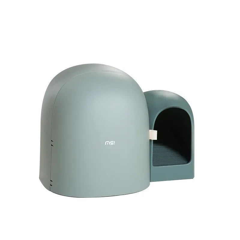Enclosed oversized cat litter box in three colour options showing dimensions 67.7cm long by 49cm wide