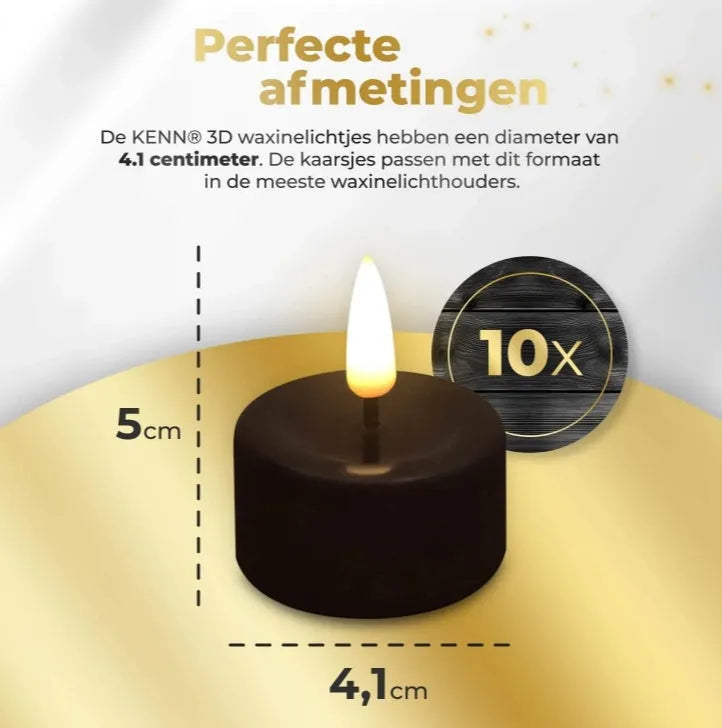 Four black S10 LED flameless tealight candles showing size and flickering LED light.