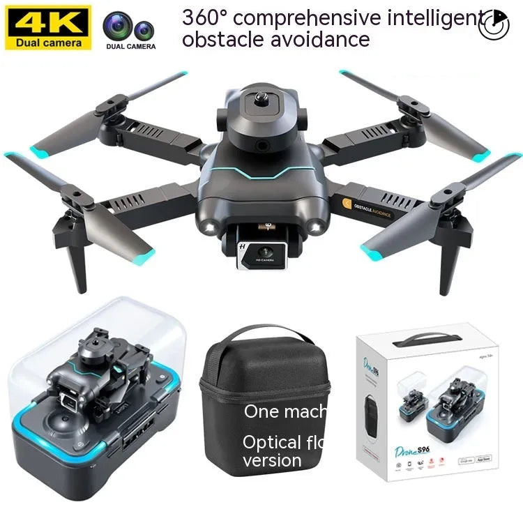 Four-axis aerial photography drone with obstacle avoidance sensors and camera, measuring under 30cm