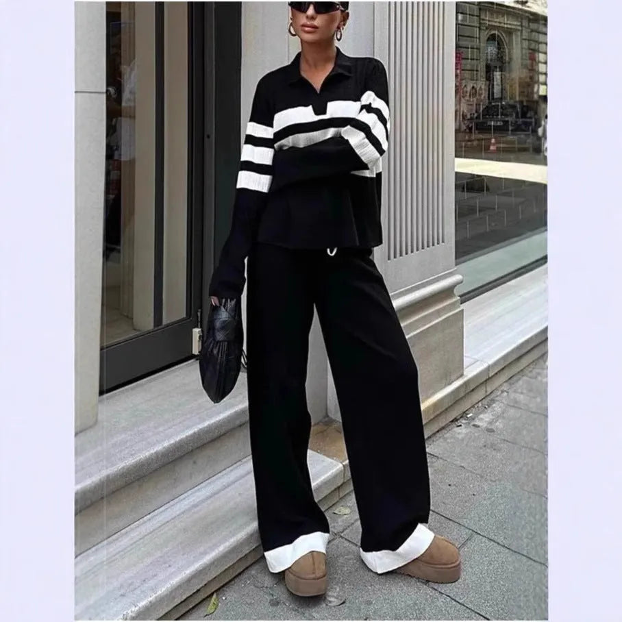 Women's black and white striped polo collar knitted top with matching trousers casual two-piece set