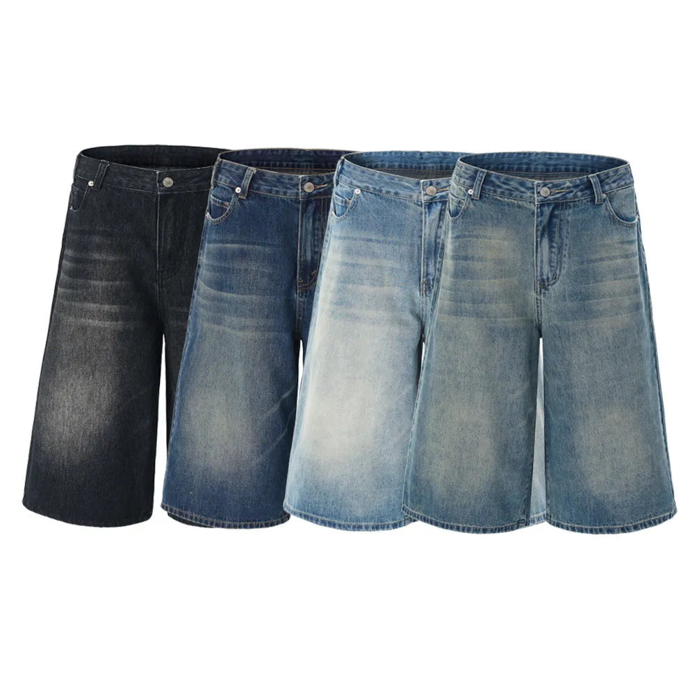 Men's light blue cotton denim shorts with a straight leg and cropped length on a hanger