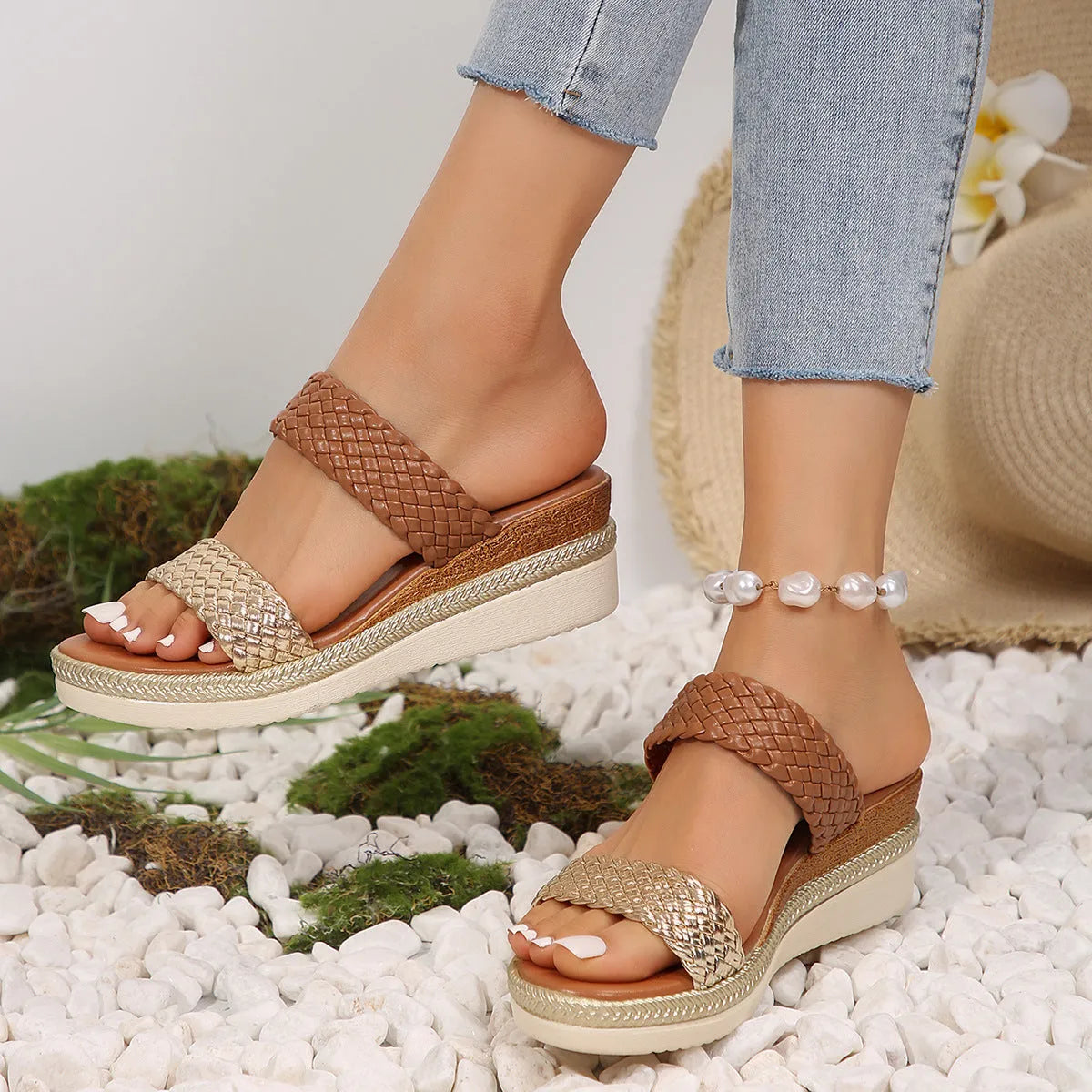 Gold and silver plus size wedge sandals for women with rubber soles in sizes 36-43
