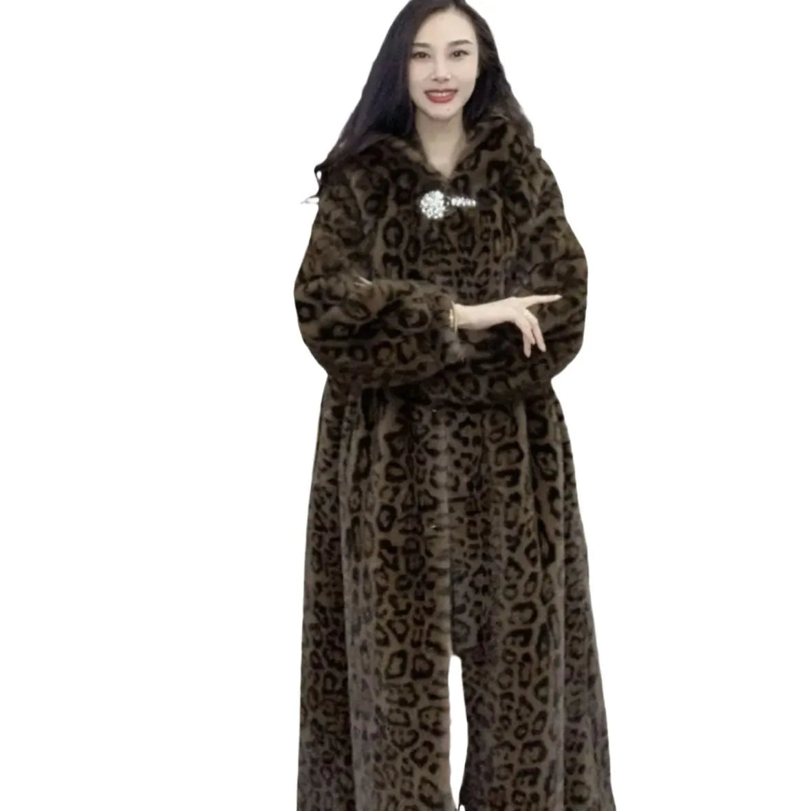 Women's plus size long faux fur coat in brown leopard print pattern with 100cm length
