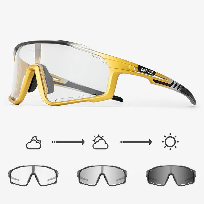 Photochromic cycling sunglasses with a semi-rimless TR90 frame on a solid colour background.