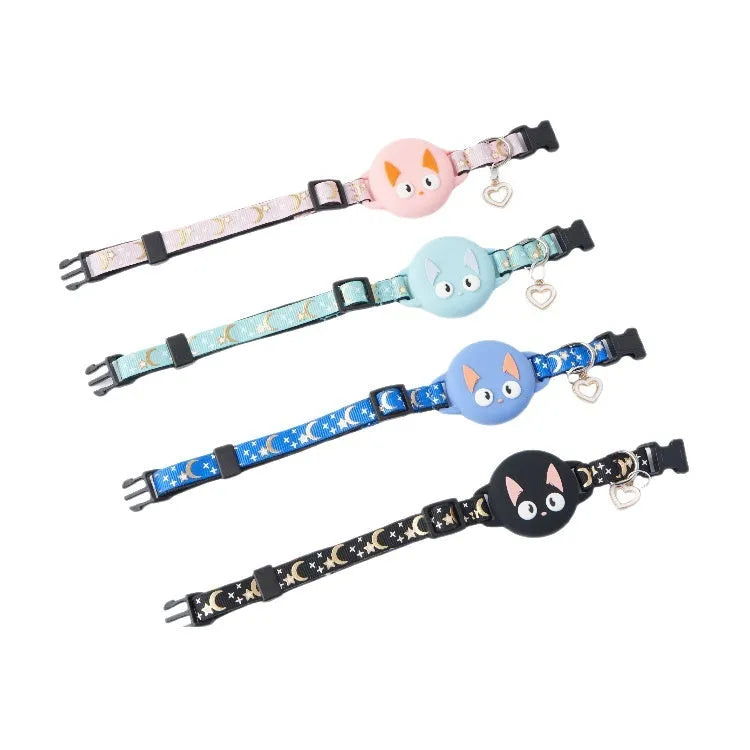 Apple AirTag protective case attached to adjustable cat collar strap in pink colour