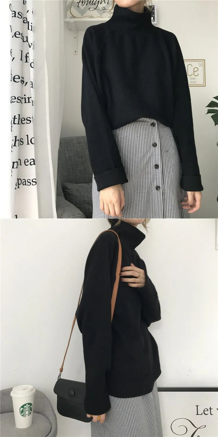 Women's pure colour half-high collar long sleeve loose top in apricot, white, or black.