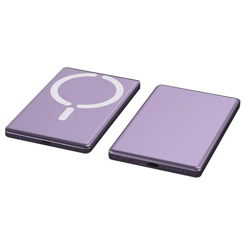 Ultra-thin magnetic power bank with alloy shell in dark gray colour showing compact 105x66mm dimensions