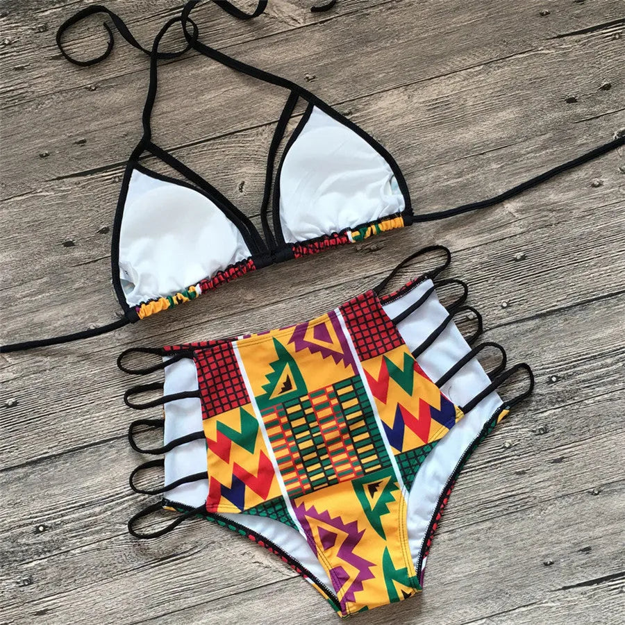 Women's black and white digitally printed split bikini with high-waist shorts and backless design