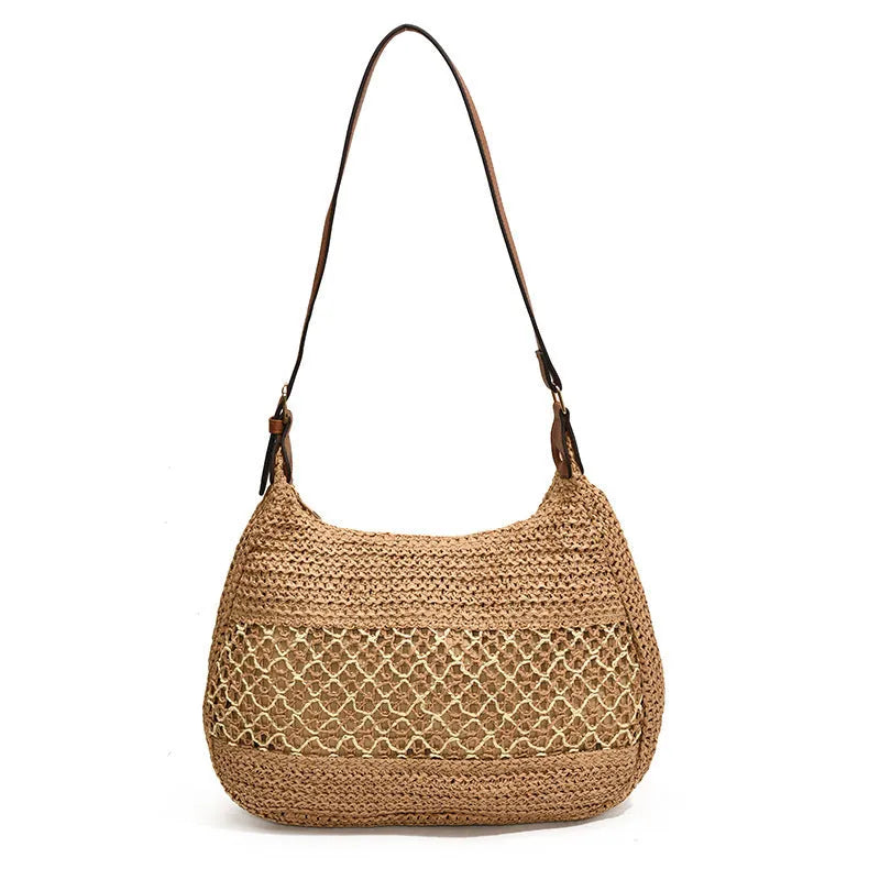 Women's casual straw cross body bag in horizontal square shape with sandwich pocket, khaki colour option