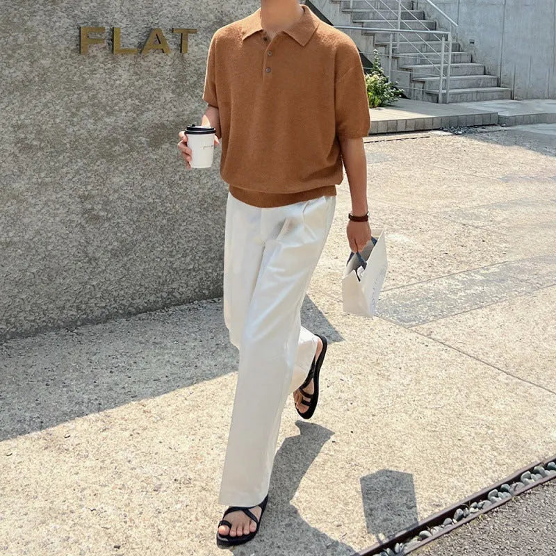 Men's retro knitted polo shirt in caramel colour with asymmetric design and short sleeves