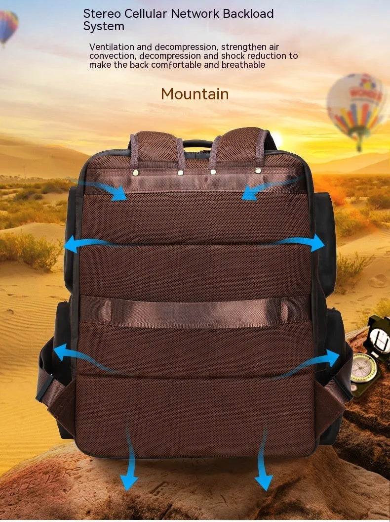 Dark brown genuine leather 17-inch laptop backpack with double shoulder straps and embossed finish