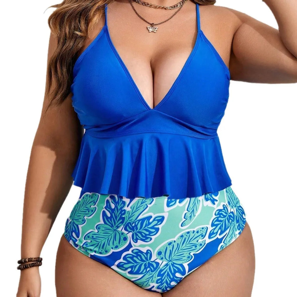 Blue polyester bikini swimsuit set with brief bottoms in plus sizes 0XL to 4XL
