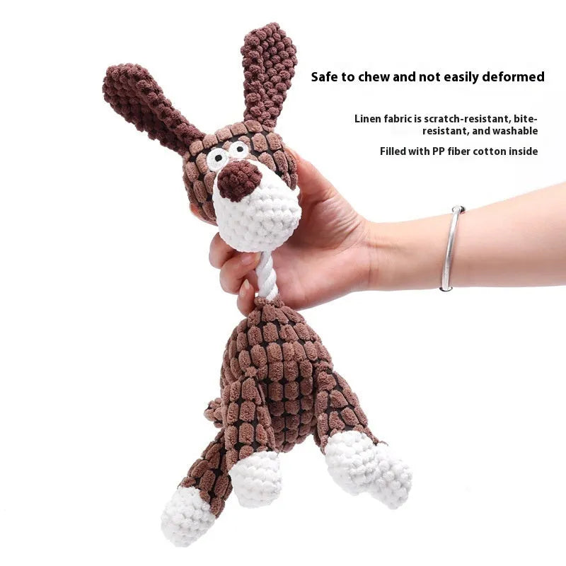 Assorted plush puppy toys including a blue elephant, coloured donkeys, and rechargeable duck styles.