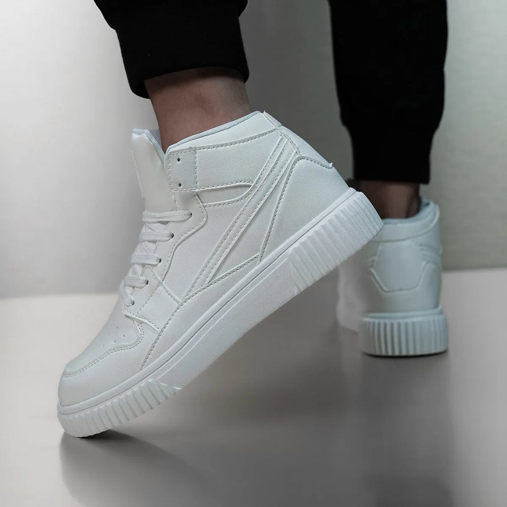 Men's white round-toe casual shoes made from microfiber material.