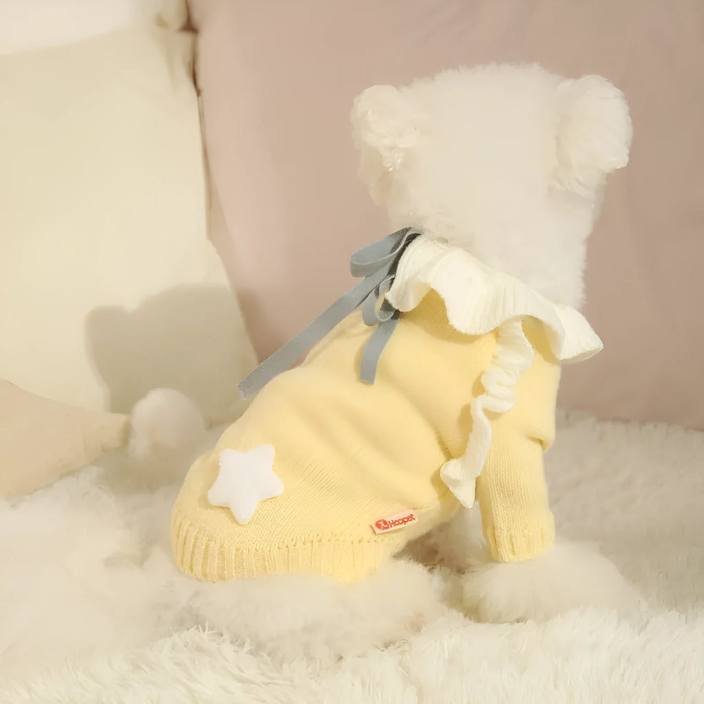 Yellow and patterned acrylic dog sweater shown in sizes for small puppies to 8kg dogs.