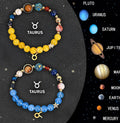Twelve zodiac sign bracelet set with natural stone beads and metal charms on adjustable strings
