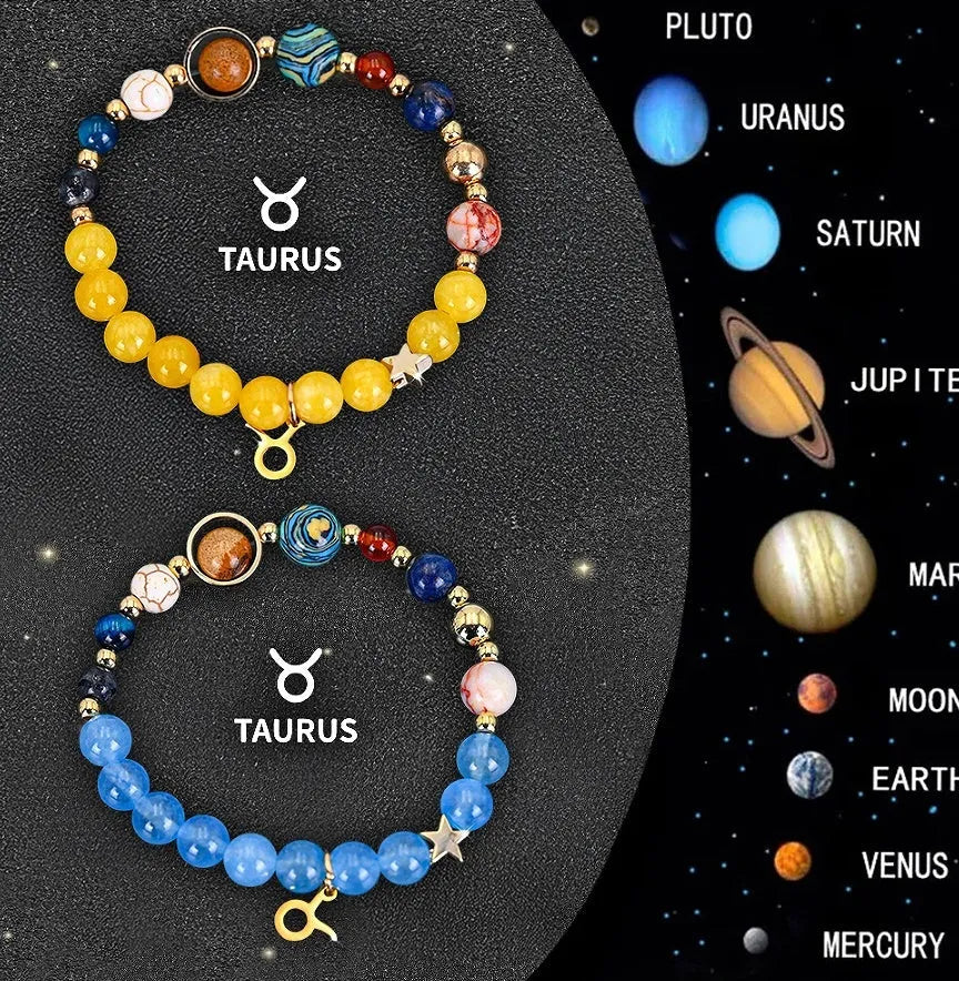 Twelve zodiac sign bracelet set with natural stone beads and metal charms on adjustable strings