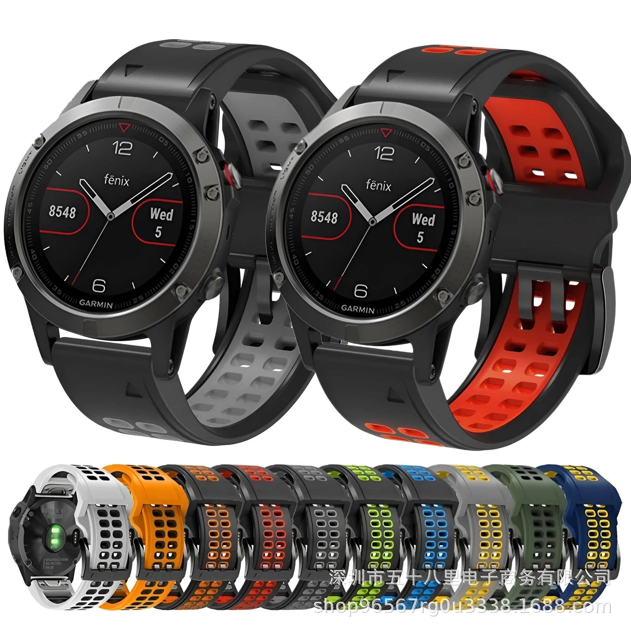 Close-up of a two-tone black and orange silicone watch strap with quick-release pins and a pin buckle.