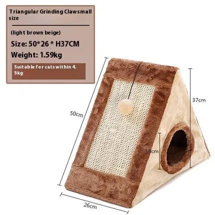 Grey and white triangle-shaped cat scratching post with an integrated plush fur bed for lounging.