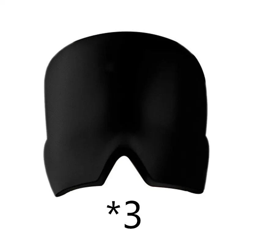 Black adjustable cold compress gel eye mask for headache relief on a plain background.