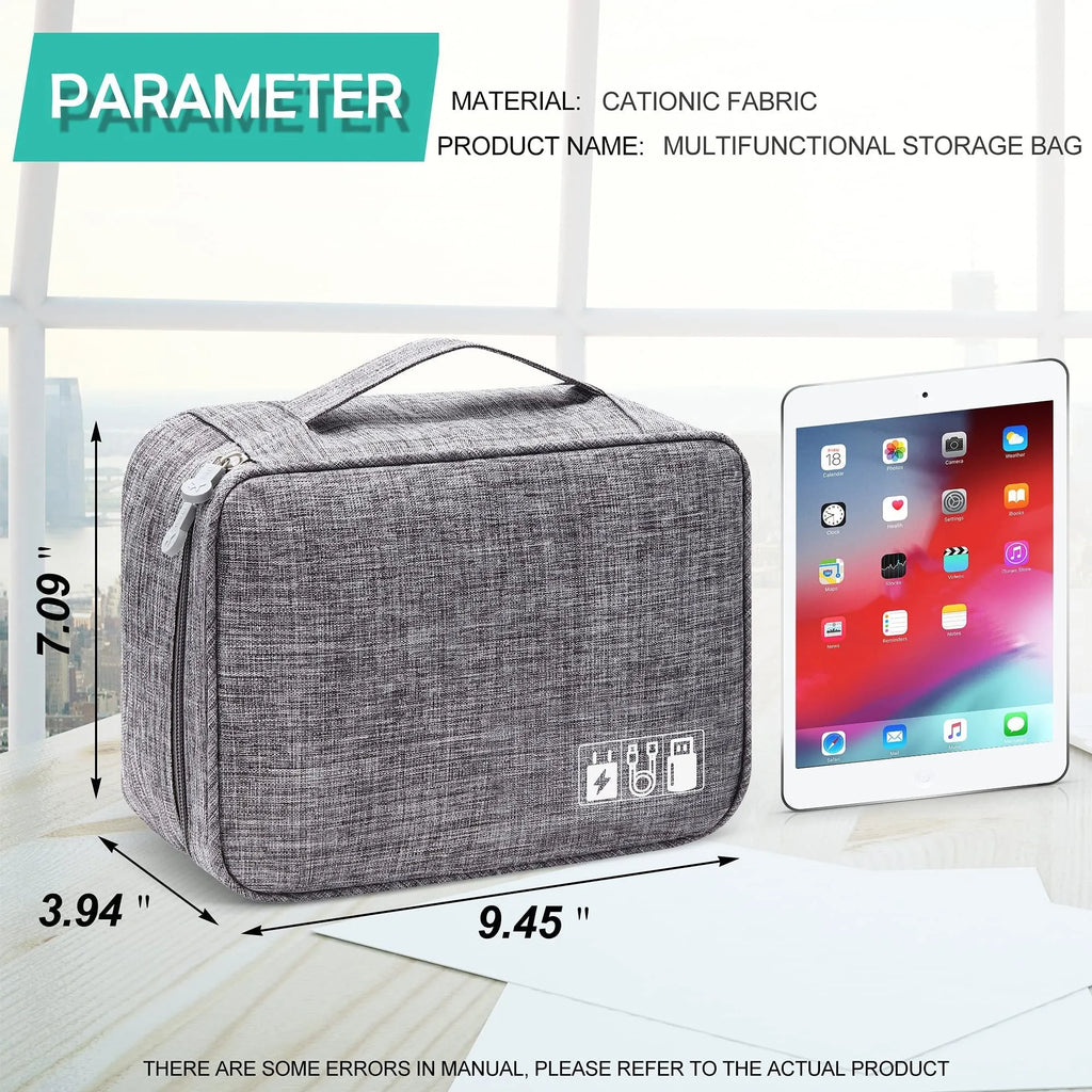 Black or grey waterproof travel cable organiser bag open to show mesh pockets and removable padded dividers