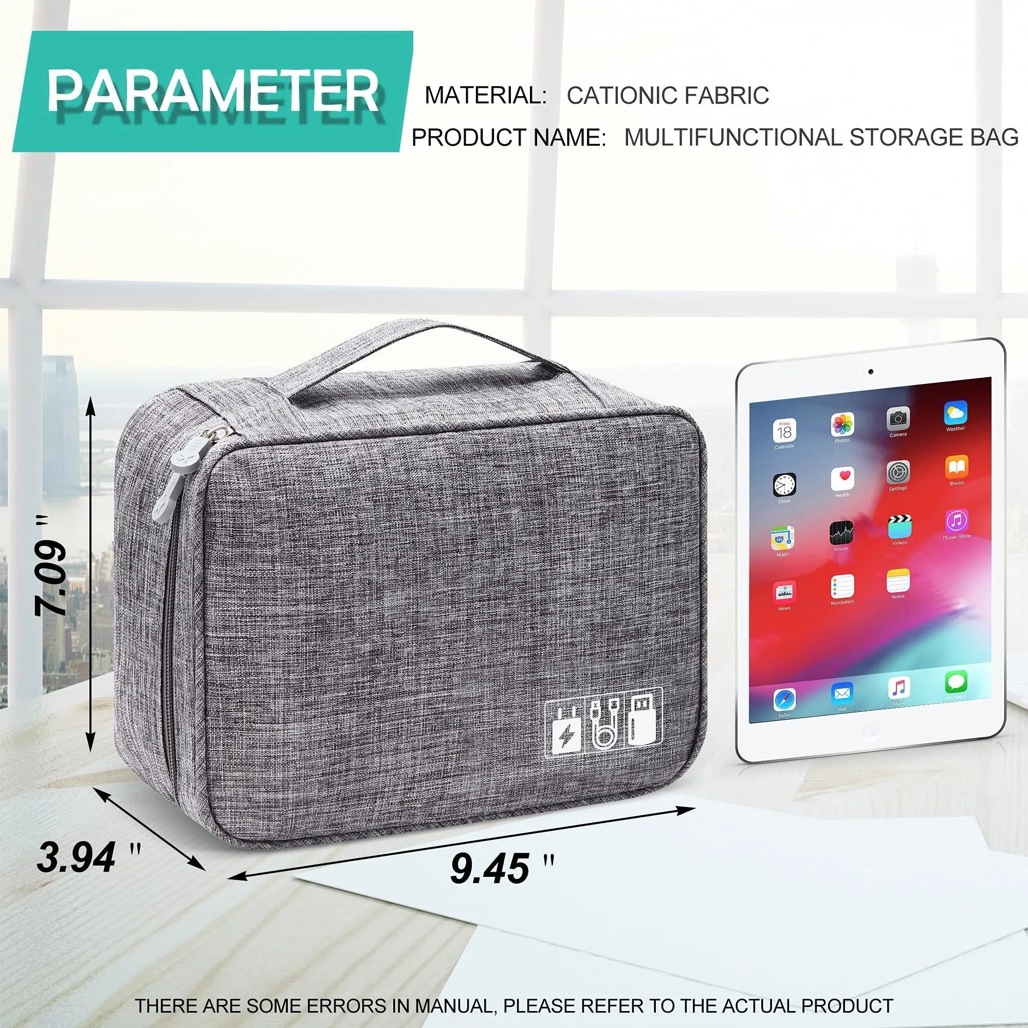 Black or grey waterproof travel cable organiser bag open to show mesh pockets and removable padded dividers