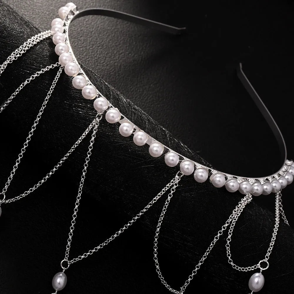 Mesh tassel hair chain accessory in gold or silver with pearl elements for women