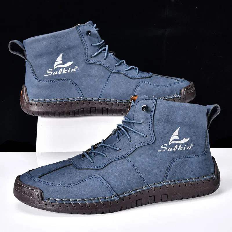 Men's beige retro high-top casual boots with elastic band and round toe on a non-slip rubber sole.