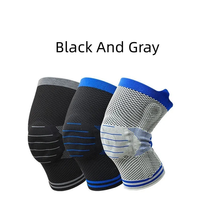 Silicone massage spring bar knee pad in black and blue cotton material for sports safety