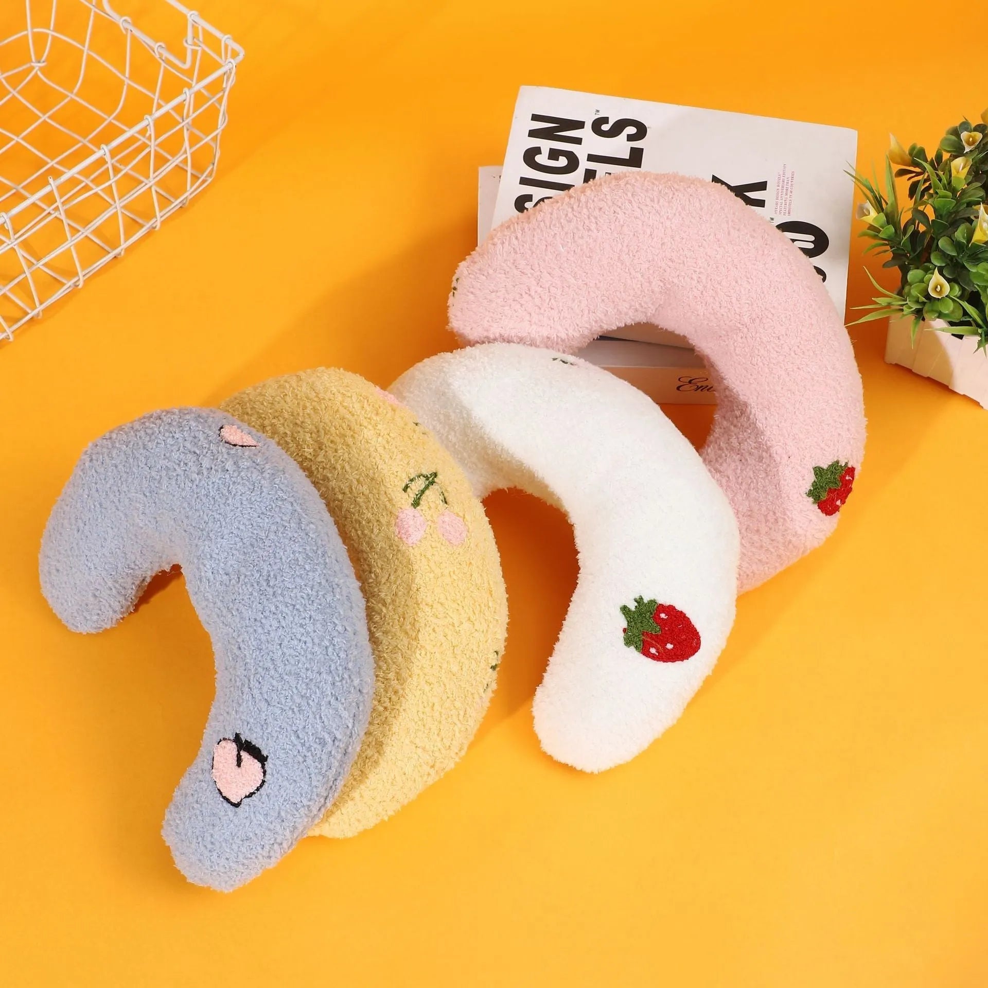 Cartoon half moon pet pillow in blue, pink, white, and yellow colours for dogs and cats