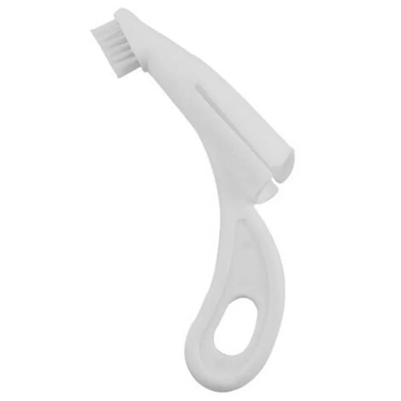 Red and white pet finger toothbrushes with silicone bristles for dog and cat dental cleaning.