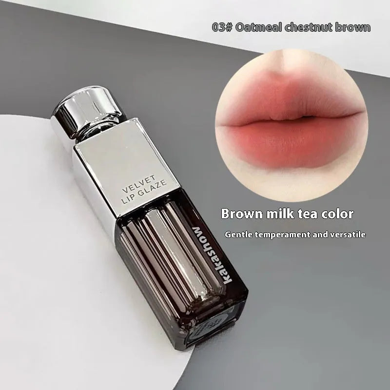 Kakashow lock colour velvet lip paint in matte finish showing six shade options including cream smoked apricot and cherry fromage