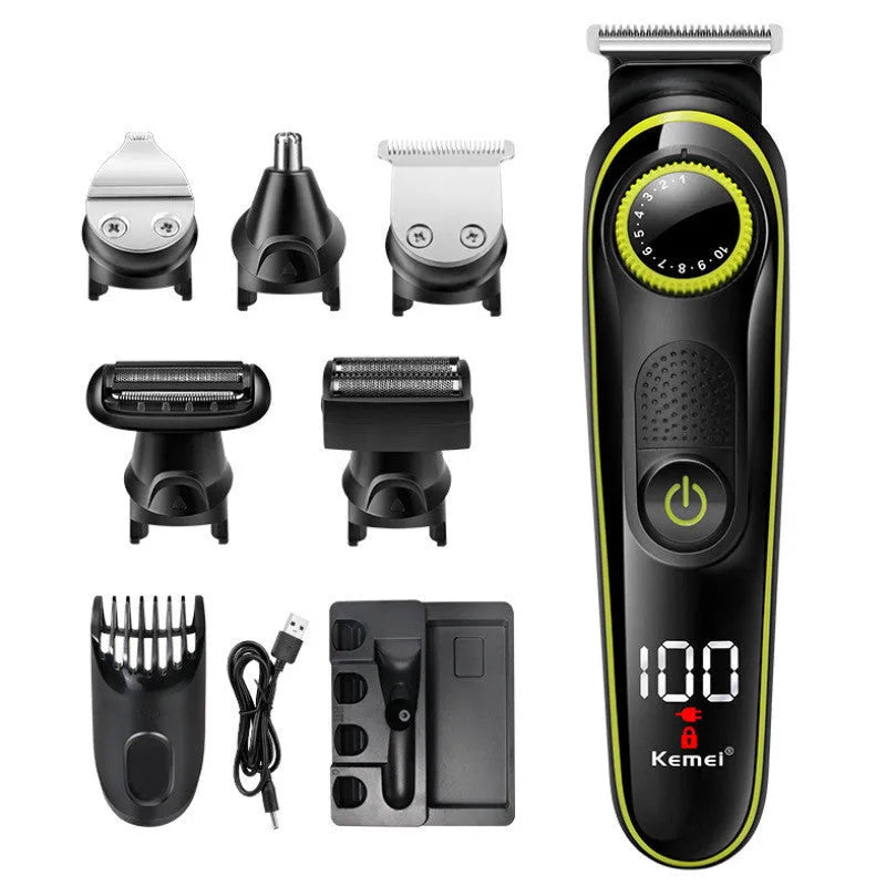 Black KM-696 rechargeable electric hair clipper set with stainless steel blade and cleaning brush