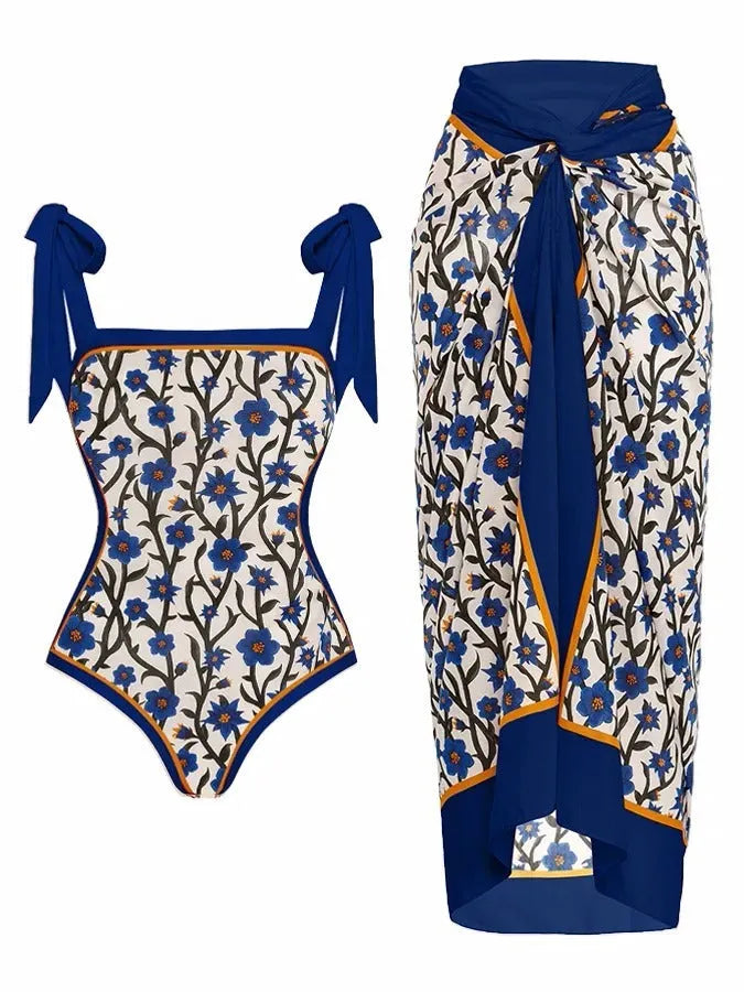 Women's printed floral swimsuit set with chiffon cover-up skirt