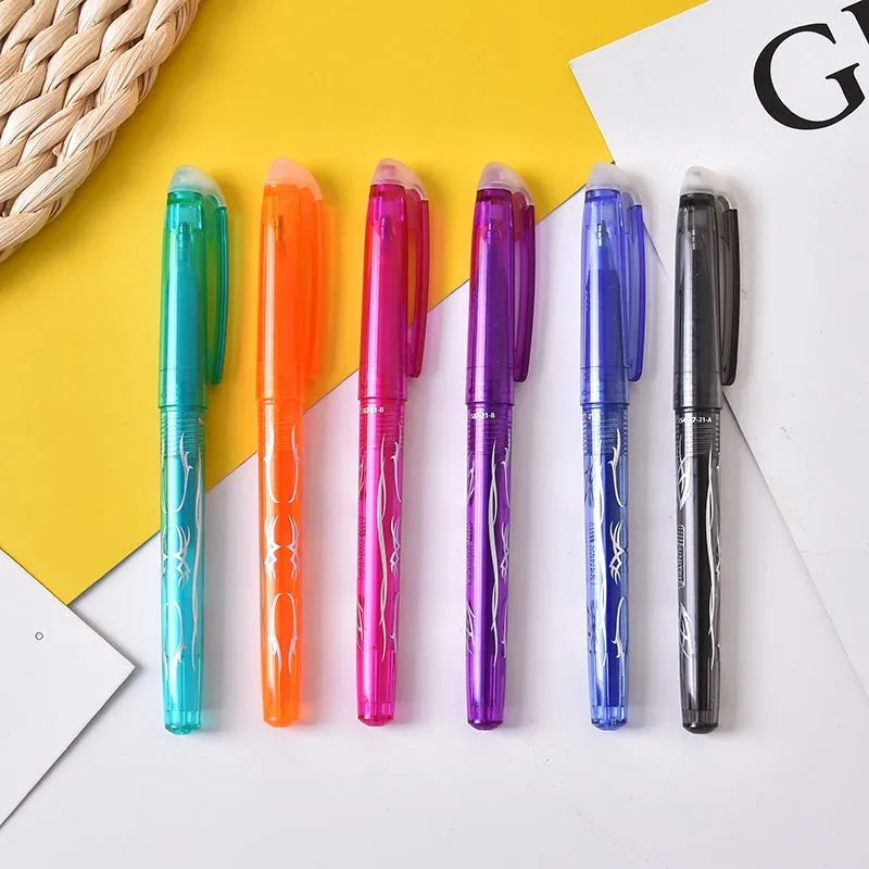 Set of heat erasable gel pens with plastic bodies and stainless steel nibs, in multiple colours.