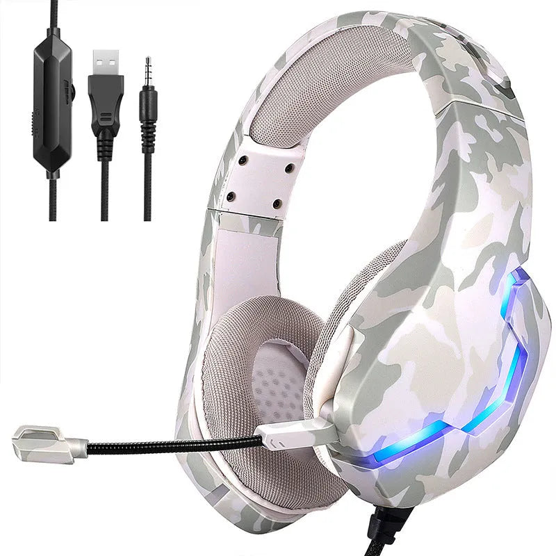 Wired gaming headset with cloth earmuffs and braided cable in camouflage blue or white with 3.5mm plug and adapter