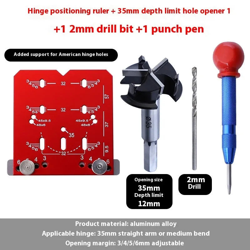 Red aluminium alloy hinge locating rule for installing 35mm cabinet door hinges with adjustable margin settings.